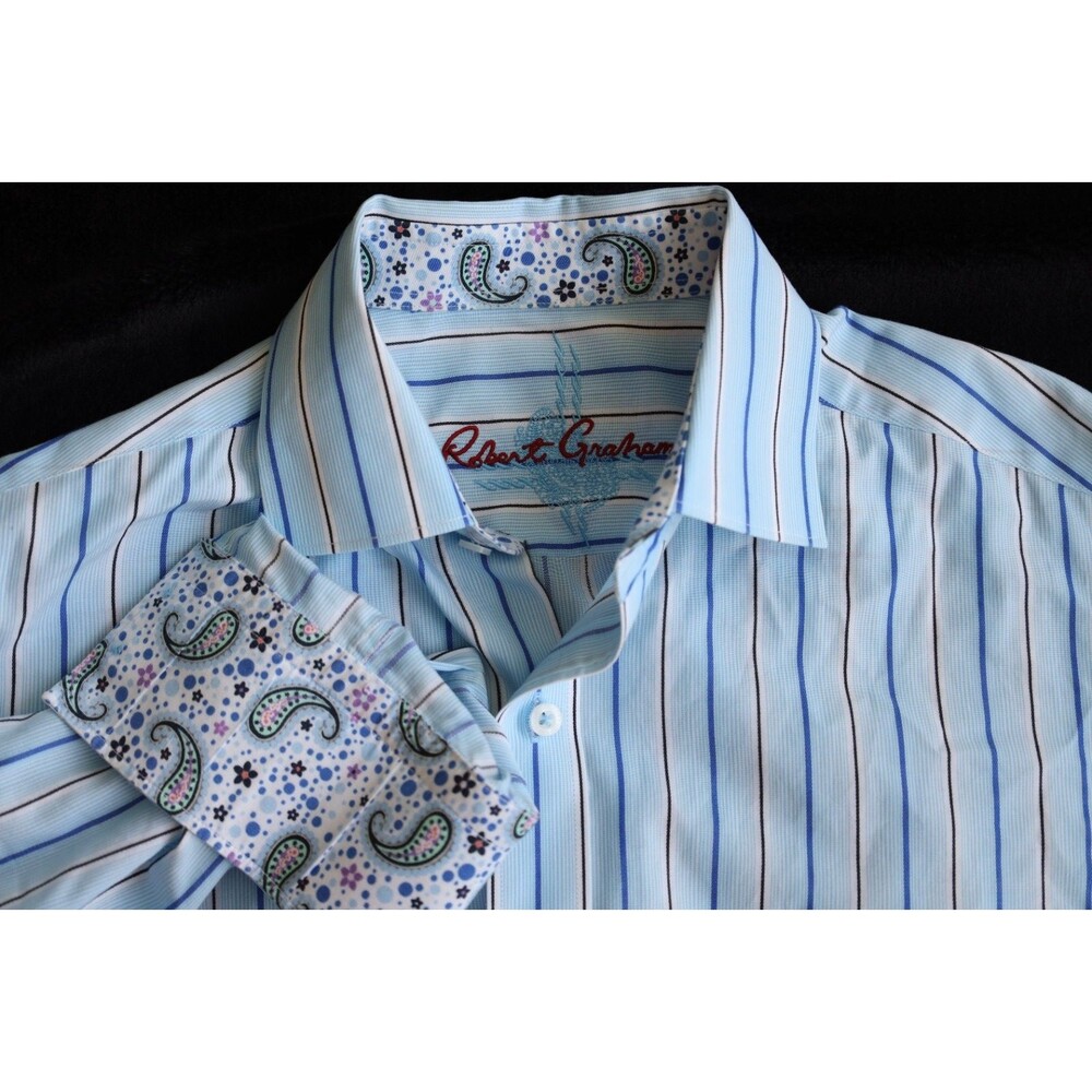 Robert Graham Summertime Shirt Mens 42 Blue Stripe Paisley Cuff NWT Flaw